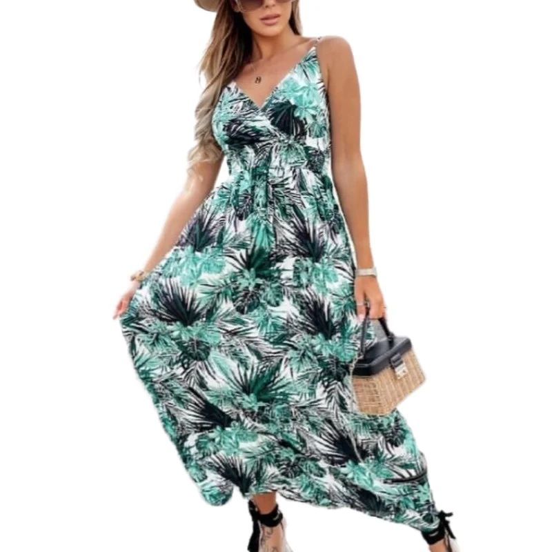 

Women Dress Sleeveless Spaghetti Strap Print Bohemian Sexy V-Neck Backless Dress Summer Fashion Vestido Feminino Donsignet