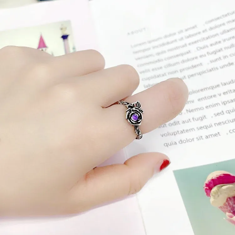 

Vintage Female Purple Round Zircon Ring Charm Silver Color Open Wedding Rings For Women Dainty Rose Flower Engagement Ring