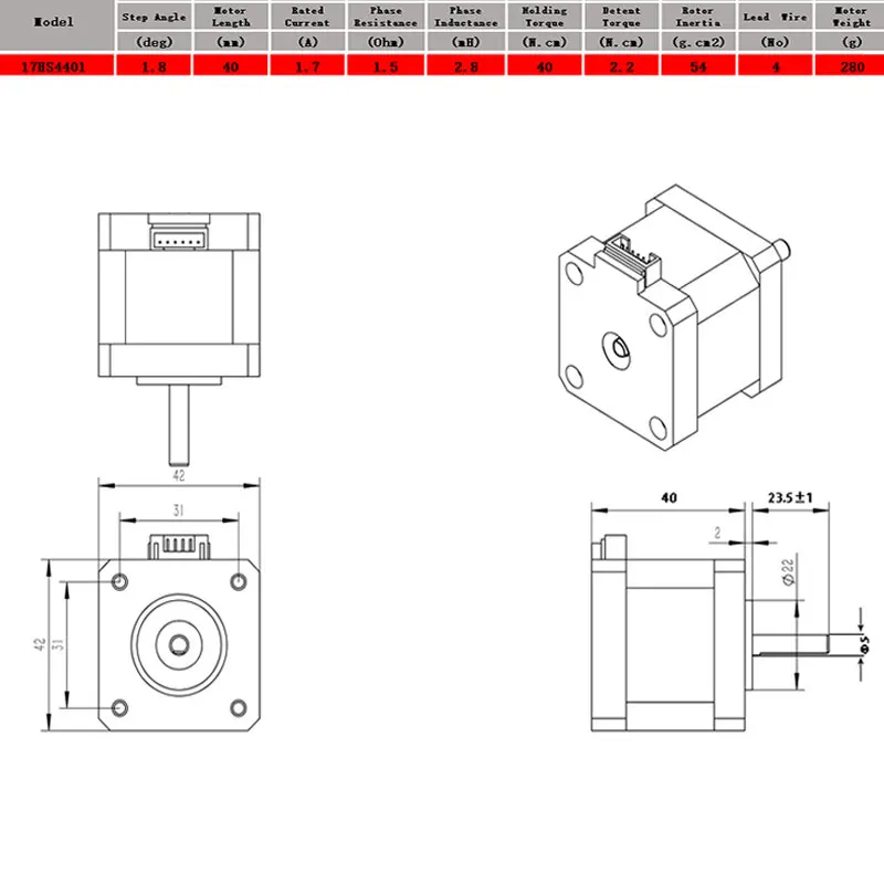 

5pcs 4-lead Nema17 Stepper Motor for 3D printer 42 motor Nema 17 motor 42BYGH 1.7A (17HS4401) motor for CNC XYZ