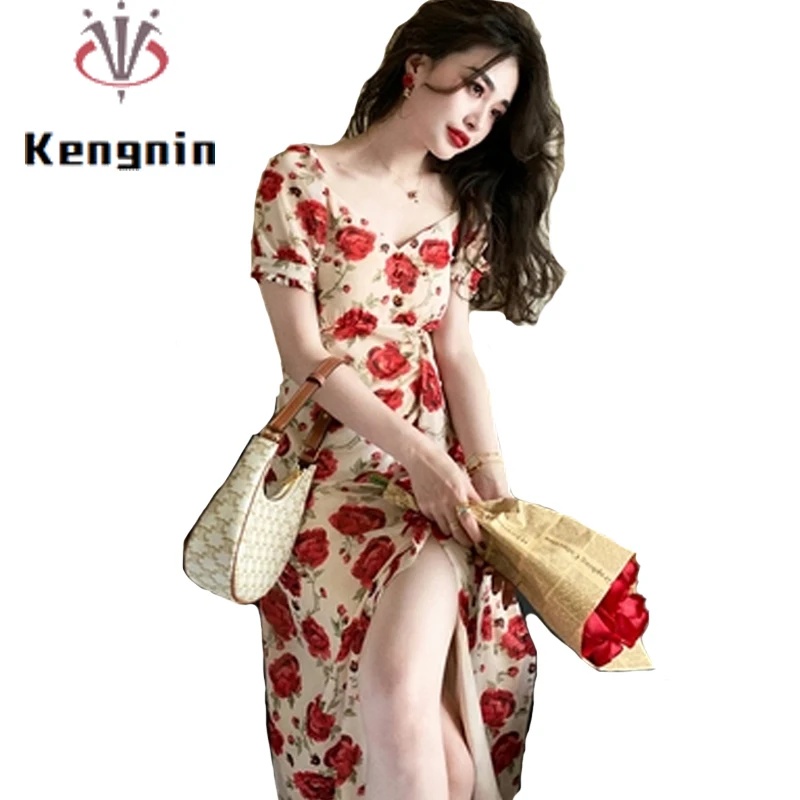 Платье женское шифоновое в стиле оверсайз винтажное свободное с принтом роз