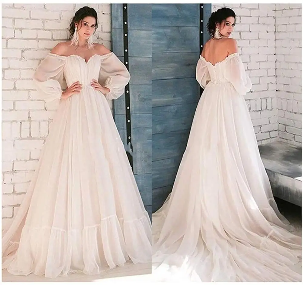 Женское платье с открытыми плечами и пышными рукавами для выпускного вечера