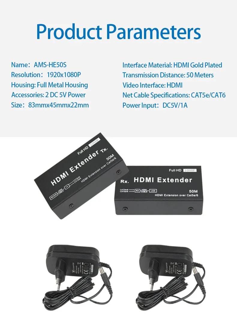 50 м HDMI удлинитель 1080p 3D приемник передатчика HDMI по Cat 5e/6 RJ45 Ethernet конвертер HE50S