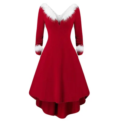 

Christmas Autumn, long-sleeved and winter plush high and low V hem dress