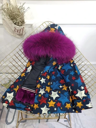 Star Purpe Fur Children Winter Jacket Graffiti Boys Girls Real Fur Coat Thick Warm Rabbit Fur Kids Jacket Coat Furry Natural Fur Collar TZ428 - Цвет: Star Purpe Fur