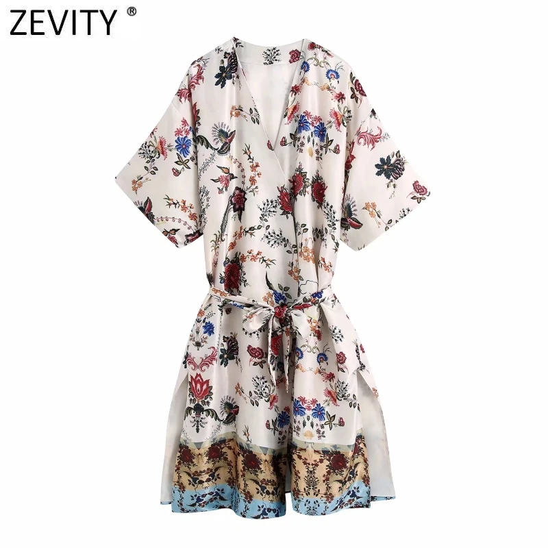 

ZEVITY New 2021 Women Vintage V Neck Floral Printing Split Kimono Cardigan Coat Female Bow Sashes Chic Open Stitching Tops CT722