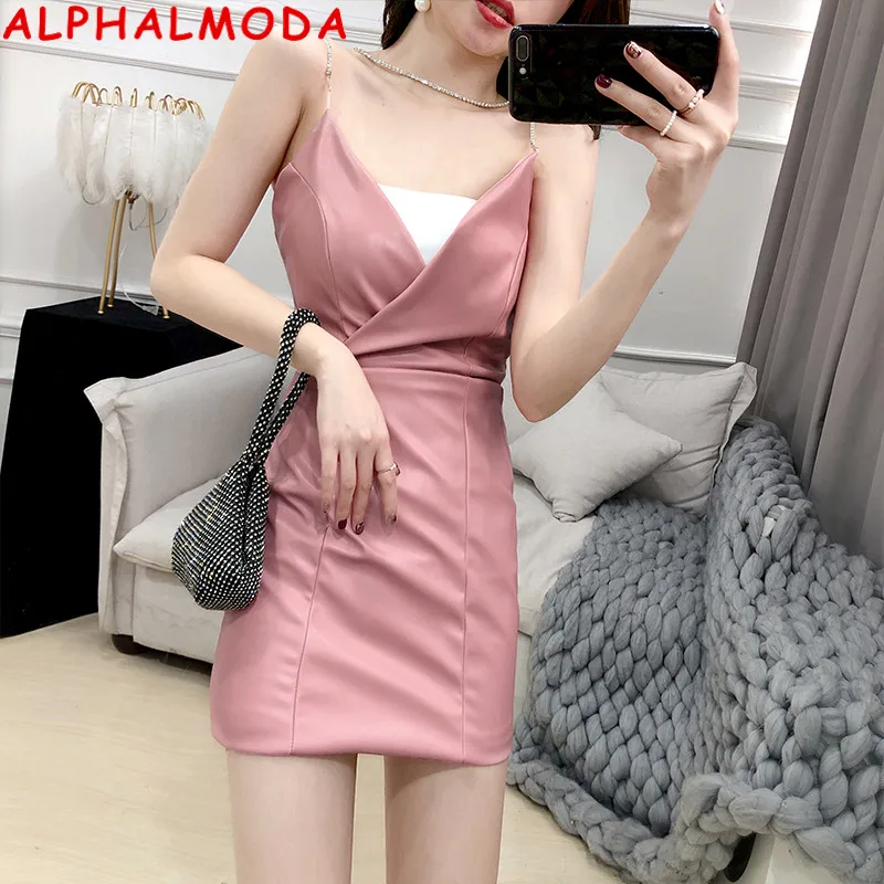 ALPHALMODA 2020 бриллиантовое ожерелье без бретелек платье из искусственной кожи с v