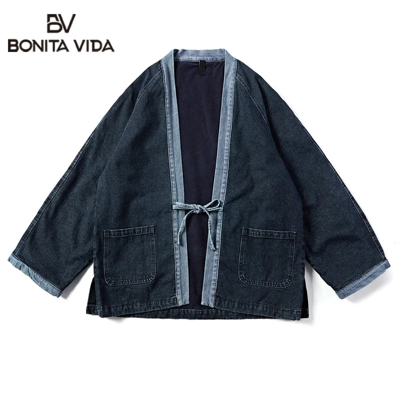 

Bonita Vida Japan Style Solid Color Denim Kimono Jacket Men Stand Collar Open Placket Jean Streetwear Harajuku Fleece Outerwear