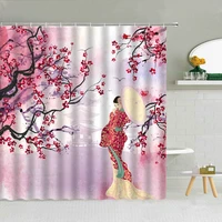 japanese traditional theme shower curtain kimono woman sakura pavilion bird waterproof fabric bathroom decor hooks curtains set