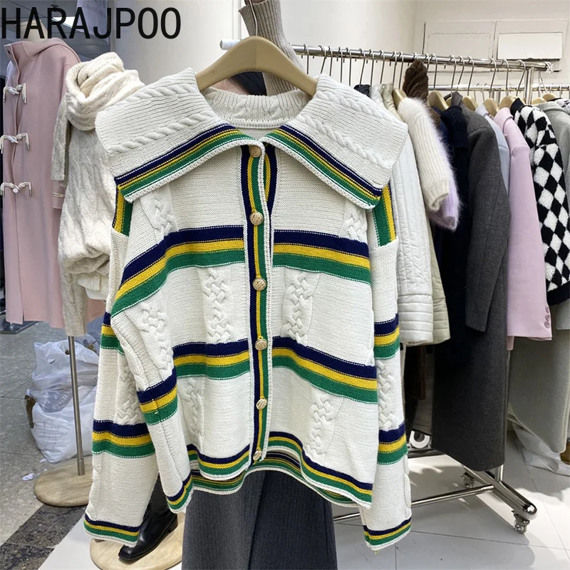 

Женский свитер в полоску Harajpoo, однобортный Свободный вязаный кардиган в Корейском стиле с лацканами и длинным рукавом, Новинка осени 2021