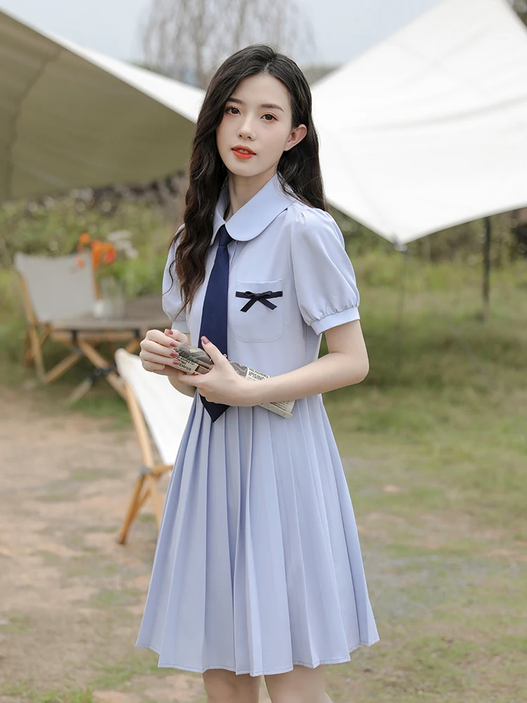 

Blue Pleated Small Fresh Sweet College Style Shirt Type A Skirt Puff Sleeve Dress Female New Summer High Waist Doll Collar