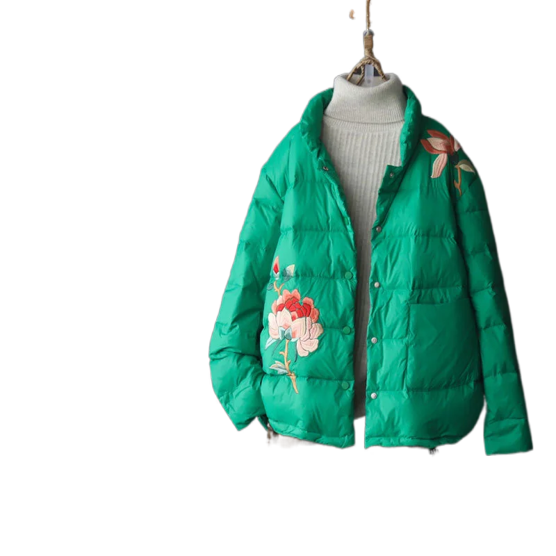 

2020 Autumn Winter White Duck Down Jacket Women Literature Art Retro Embroidery Stand Collar Warm Down Coat outwear
