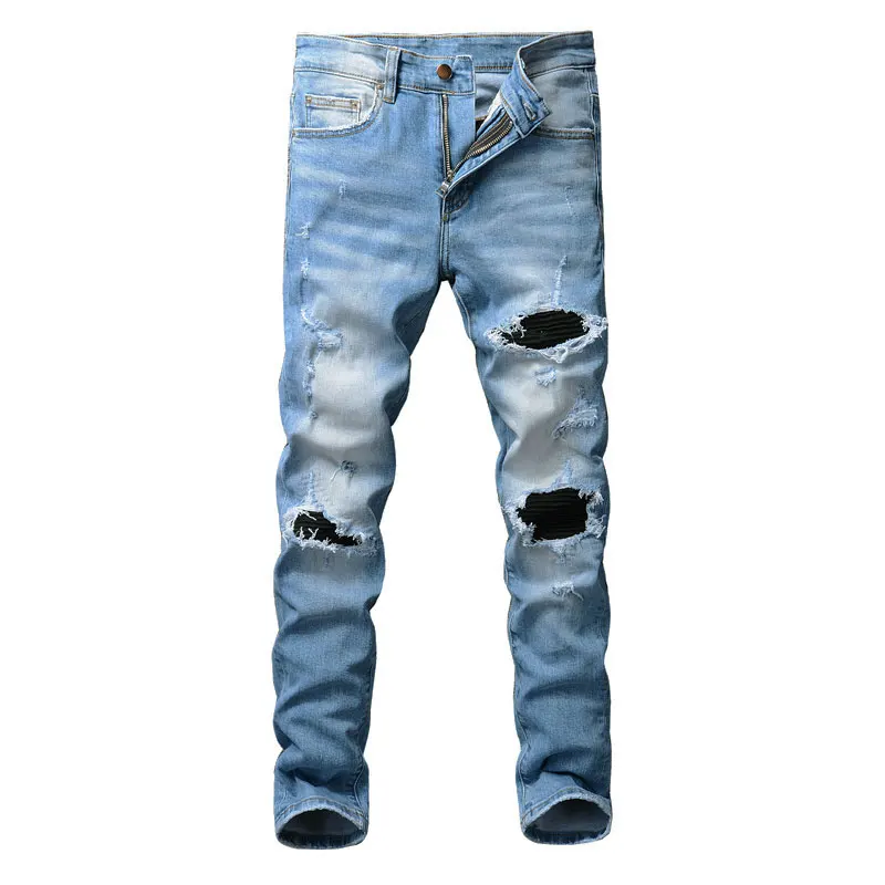 American Street Style Fashion Men Jeans Slim Fit Retro Blue Destroyed Ripped Jeans Men Patch Designer Hip Hop Denim Punk Pants