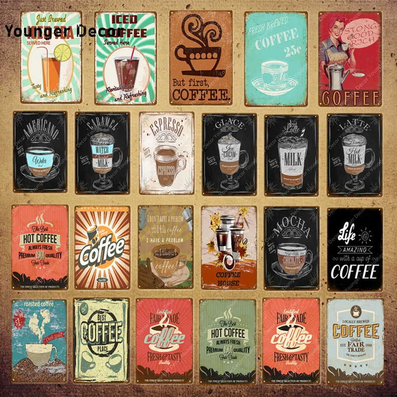 

Coffee Poster Iced Tea Metal Signs Mocha Espresso Glace Latte Milk Wall Painting Plaque Pub Club Cafe Shop Home Decor YI-107