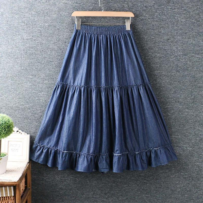 

New summer denim cotton skirt women elastic waist solid casual skirt