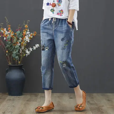 Spring/Summer 2020 Latest Elastic Waist Cropped Jeans Women's Loose Hole High Waist Embroidered Large Size Harem Pants