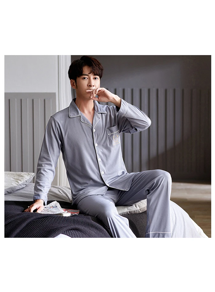 Men Pyjama Set 100% Cotton Spring Long Sleeve Print Men Pajama Suit Autumn Nightwear Collar Pijama Male Sleepwear Two Piece XXXL mens short pjs