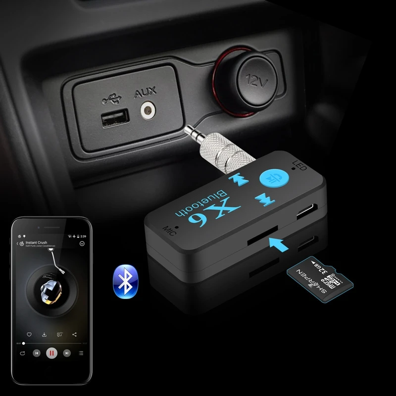 

X6 Wireless Bluetooth 4.0 Adapter 3 in 1 USB Bluetooth Receiver 3.5mm Audio TF Card Reader MIC Call Support for Car Home