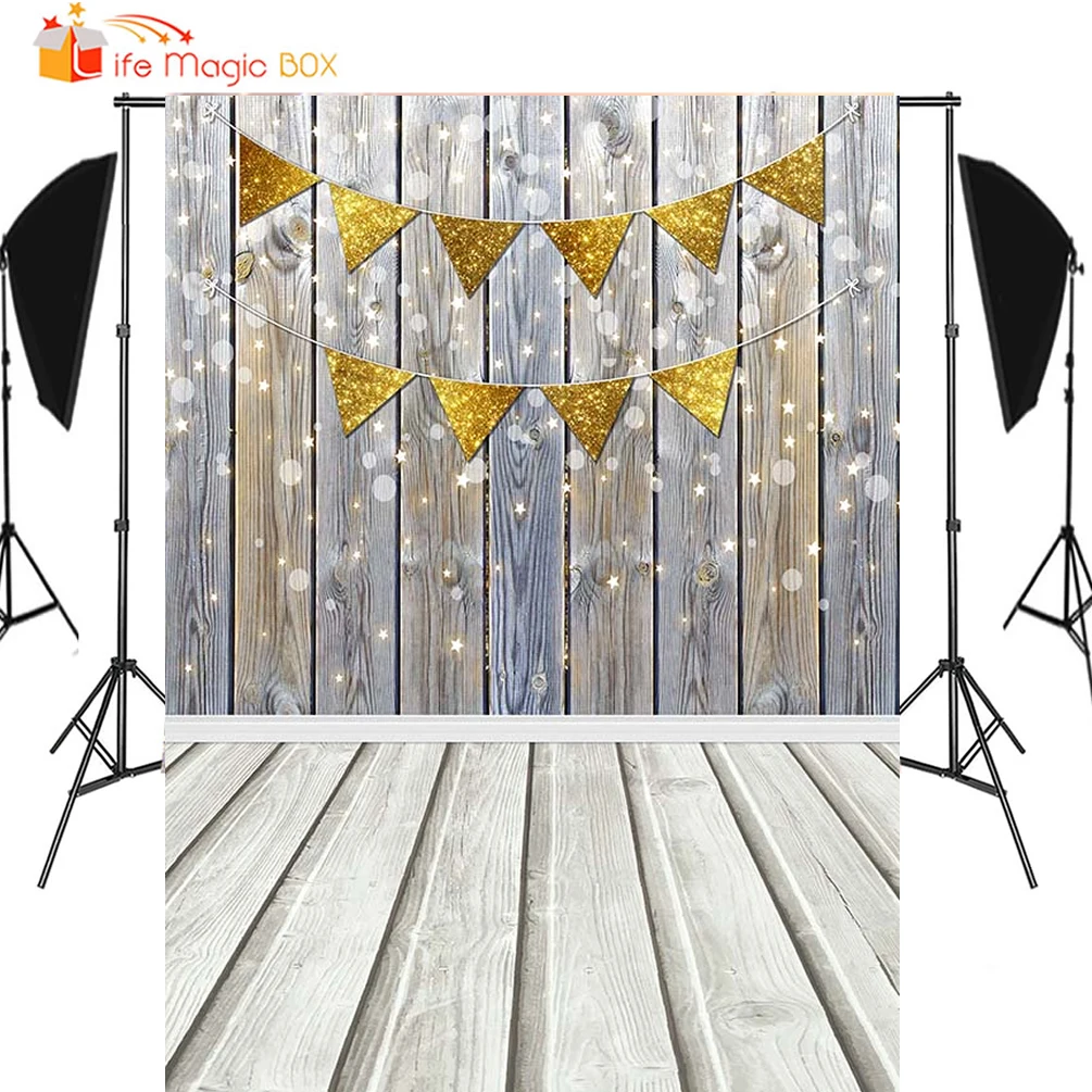 Snow Wood Board Photo Backdrop Birthday Party Golden Flags Photography Backgrounds Baby Shower Wedding Photoshoot Wallpapers
