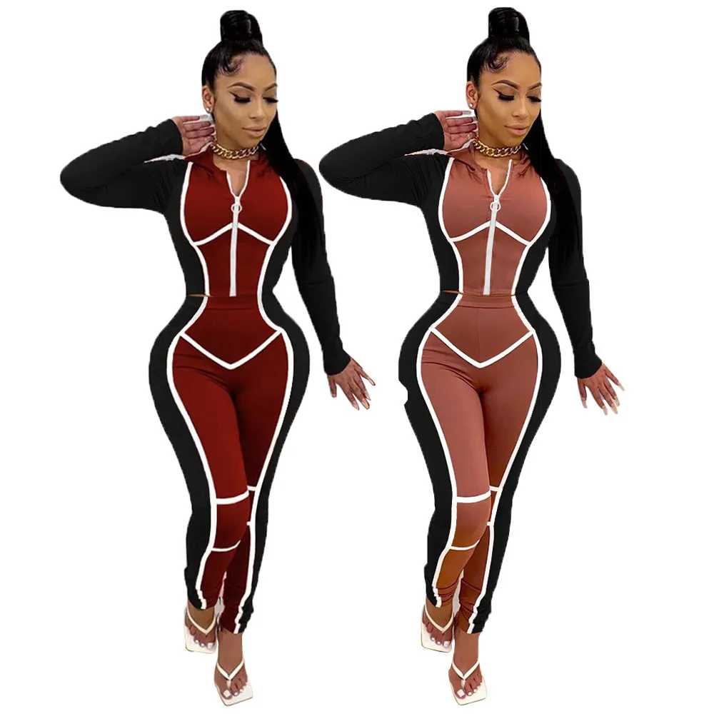 

FNOCE Cross-border Foreign Trade Women's fashion Casual Printing Hooded Zipper Pull Strip Long-sleeved Trousers Sports