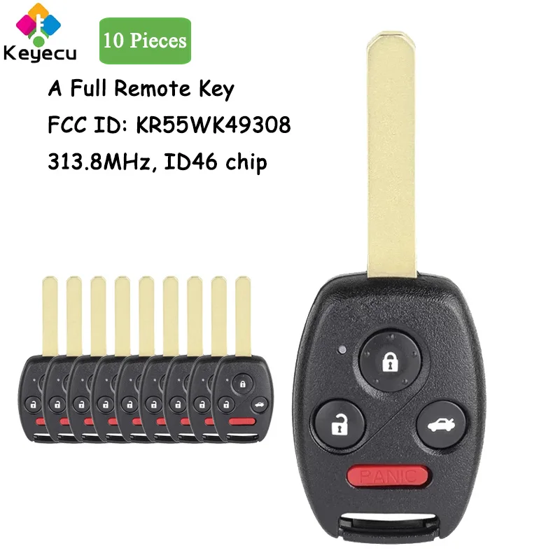 

KEYECU 10 Pieces Remote Car Key With 4 Buttons 313.8MHz ID46 Chip for Honda Accord 2008 - 2012, Pilot 2009- 2015 Fob KR55WK49308