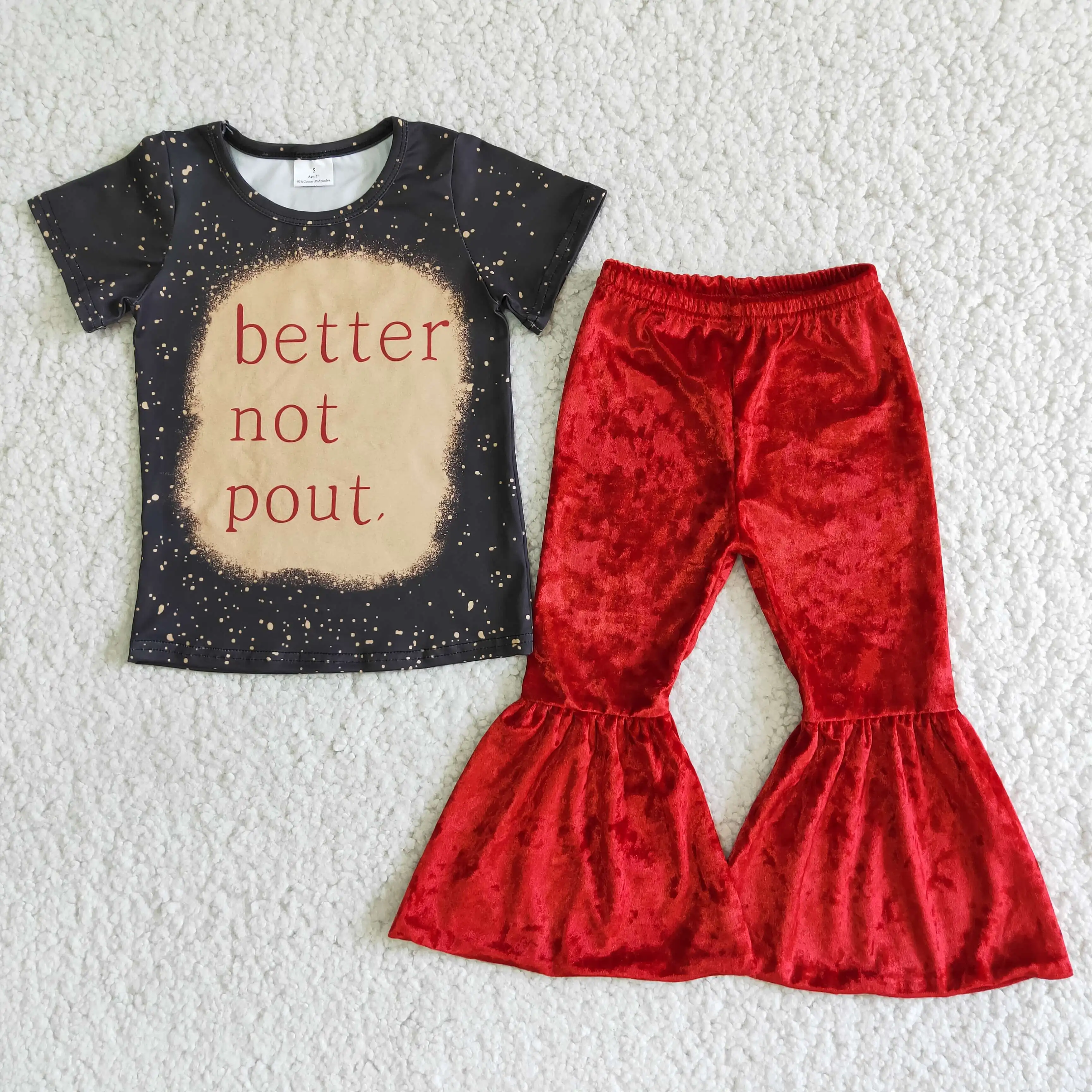 

Better not pout cute girl's fall outfit letter print shirt red velvet bell bottom fashion personality children's clothing