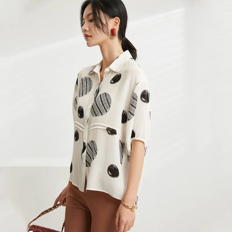 Женская шелковая рубашка Jin Ju белая мягкая в горошек с короткими рукавами и