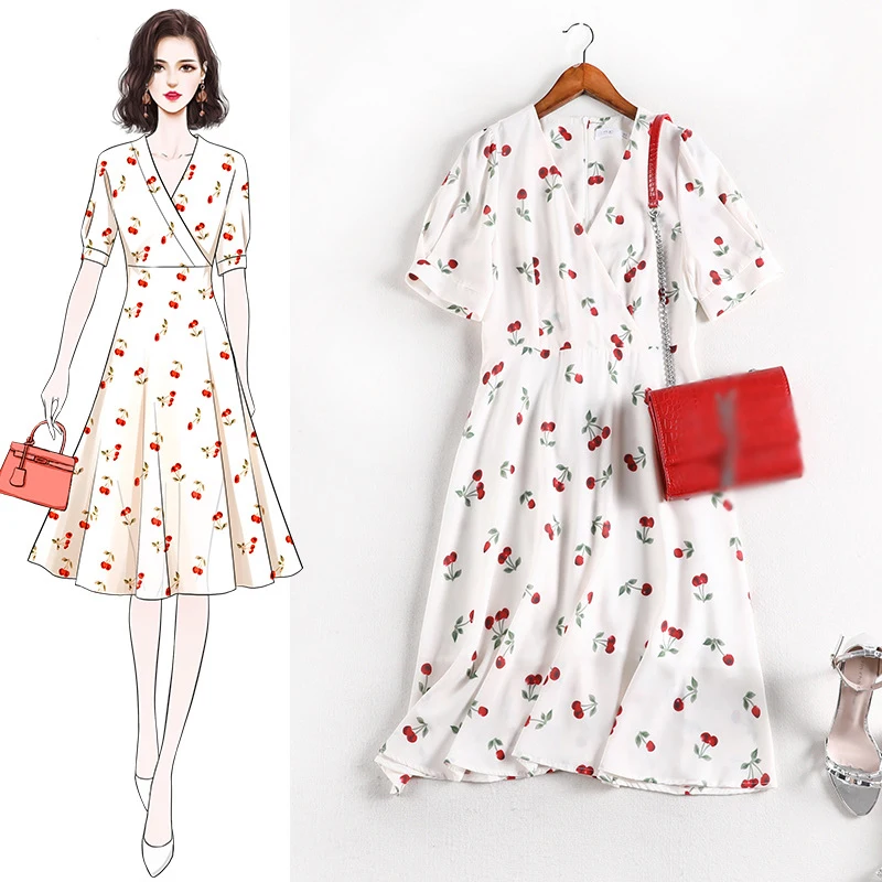 

cherry printed v-neck short sleeve summer dress 2020 women plus size chiffon casual dresses 4XL 5XL JC03