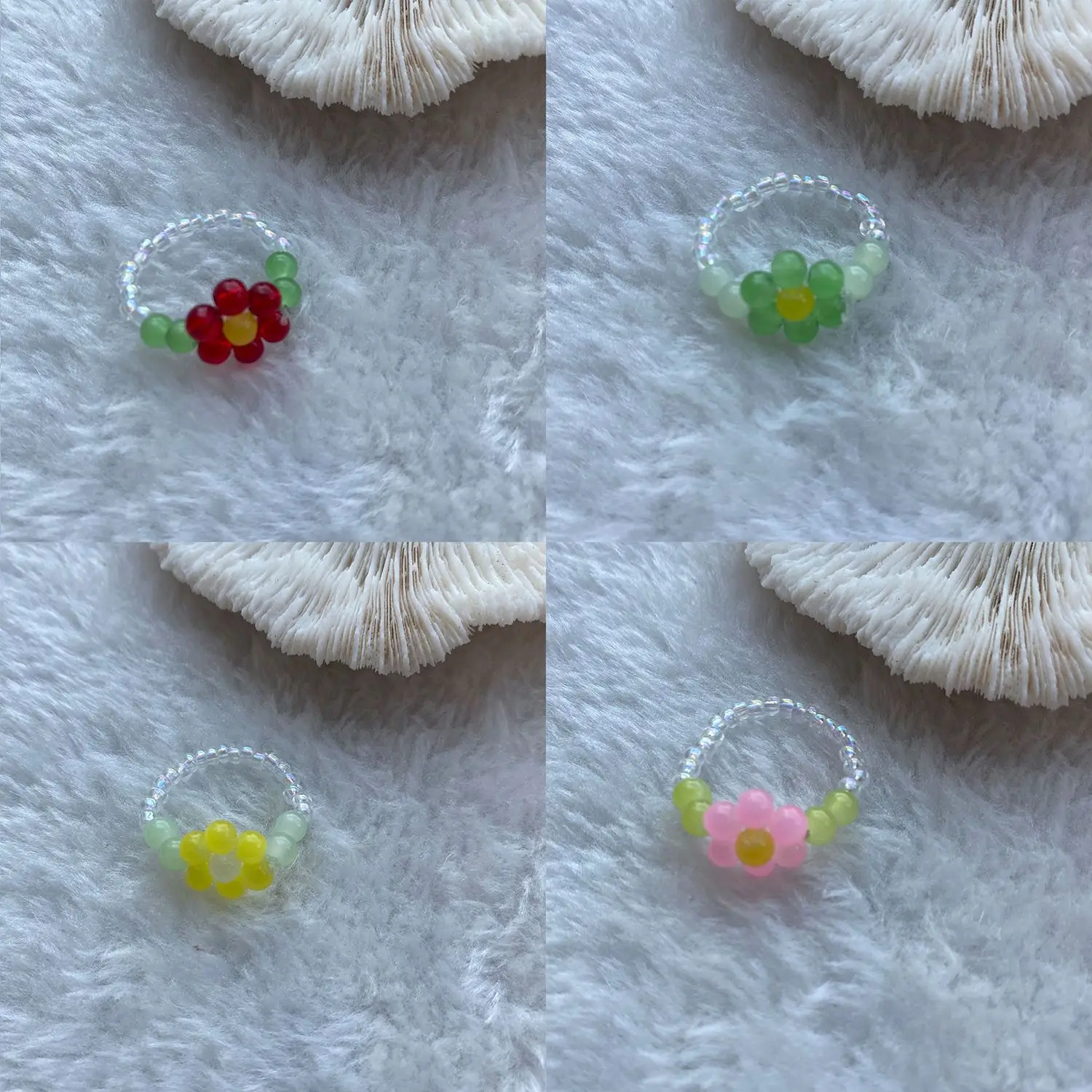 

Flower Rings Transparent Glass Beads Jewelry Stretch Rings For Women|Girls