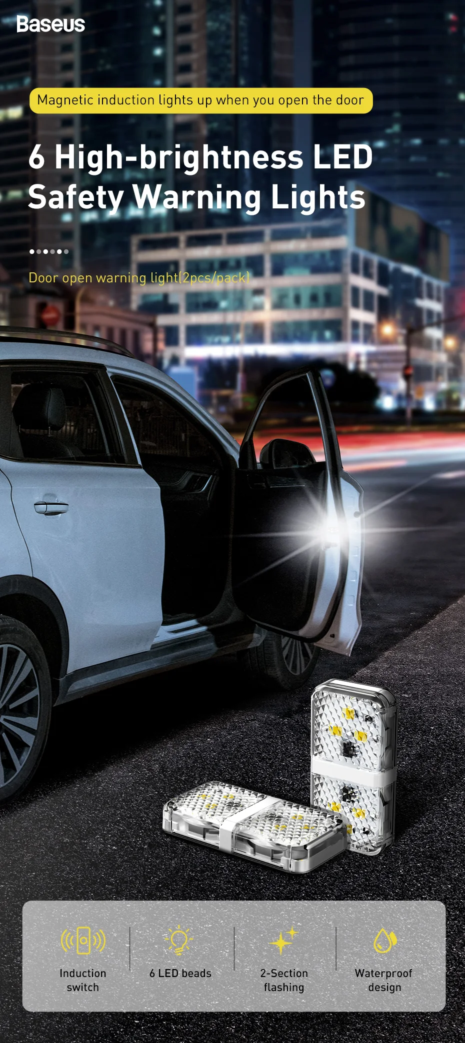 Baseus Auto Deur открытие Waarschuwingslampjes Водонепроницаемый 6 светодиодный Veiligheid Waarschuwen Licht Knipperende Авто Открытый стикер