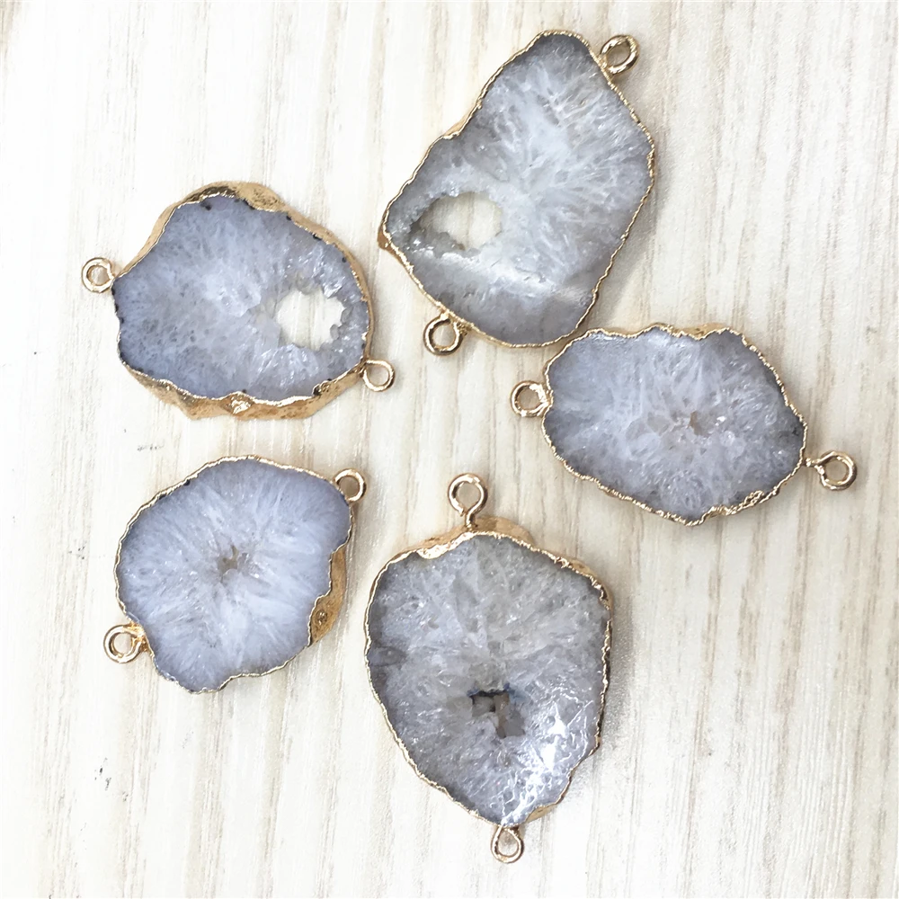 Натуральный белый Агаты ломтик кулон соединители Золотой неровный сырой оникс