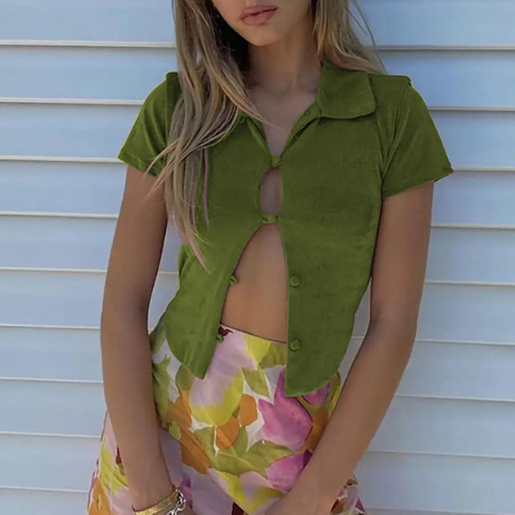

mini Shirt Short Top Sexy Innocent Style Summer Shirt Vintage Turn-down Collar Polyester Double Layers Women Blouse for Outdoor