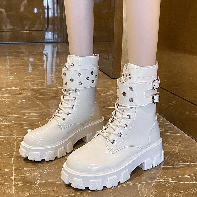 

Ankle Boots Women 2021 Winter High Platform Thick Heels Chunky for Platform Boots Flat Shoes Autumn Punk Leather Motorcycle Boat