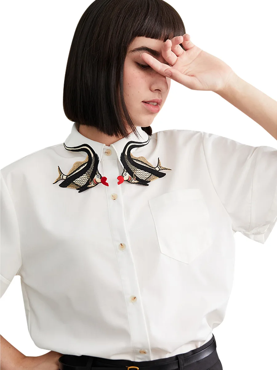 【Biutefou】Original Design 2022 Summer Women Fish Embroidered Collar Short Sleeve Shirt