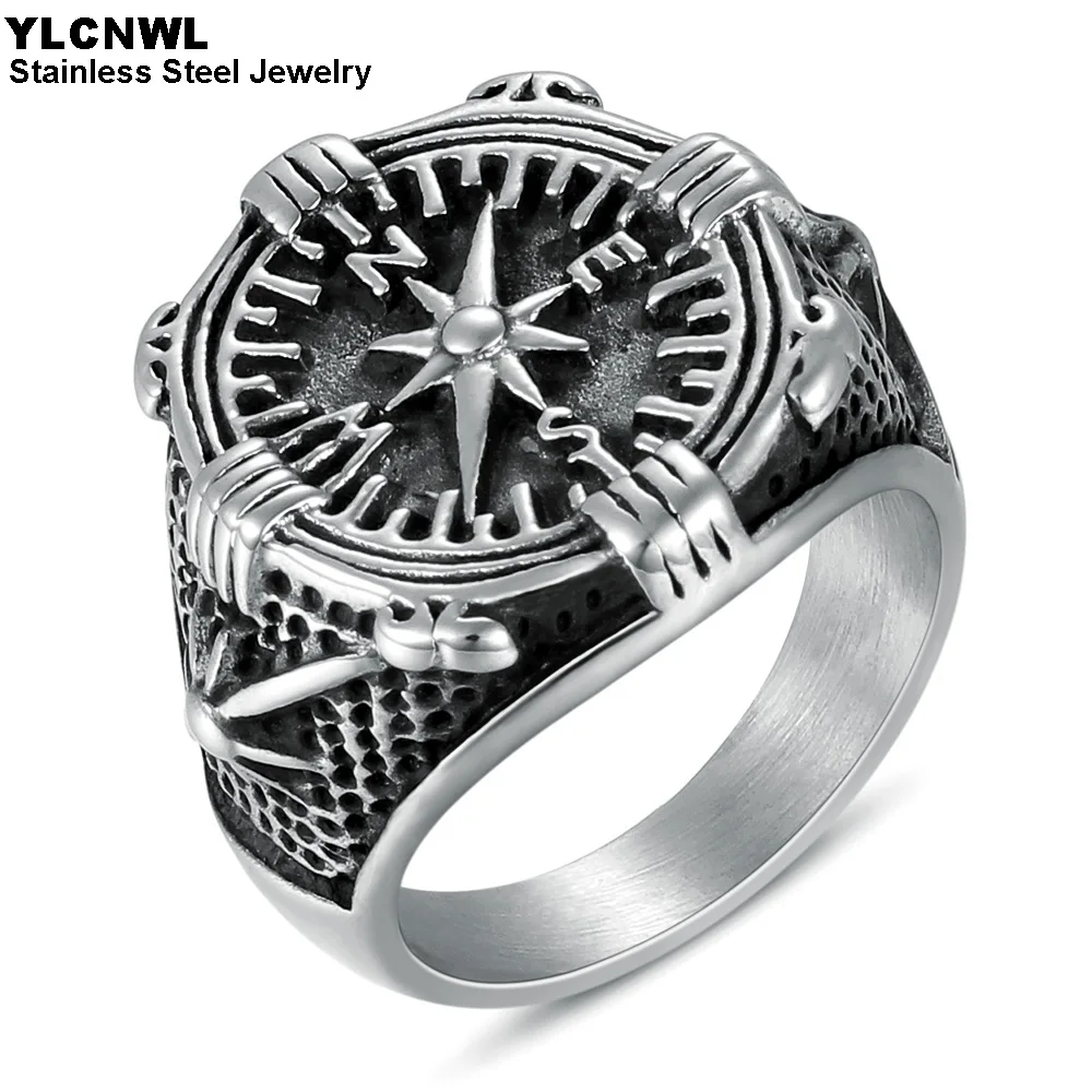 316L нержавеющей стальной компас кольца для мужчин золотистый и черный Цвет Панк