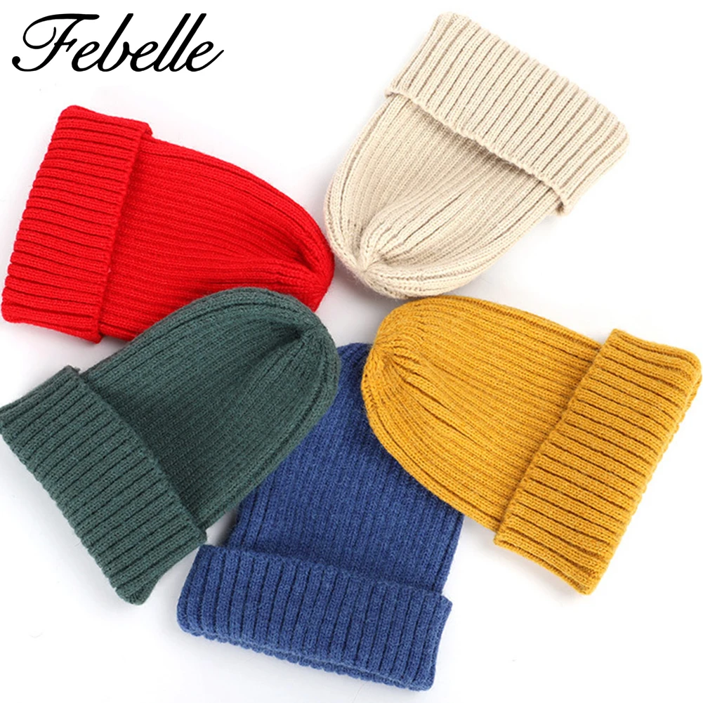 Зимняя шерстяная унисекс Шапка бини для женщин и мужчин Febelle вязаные однотонные