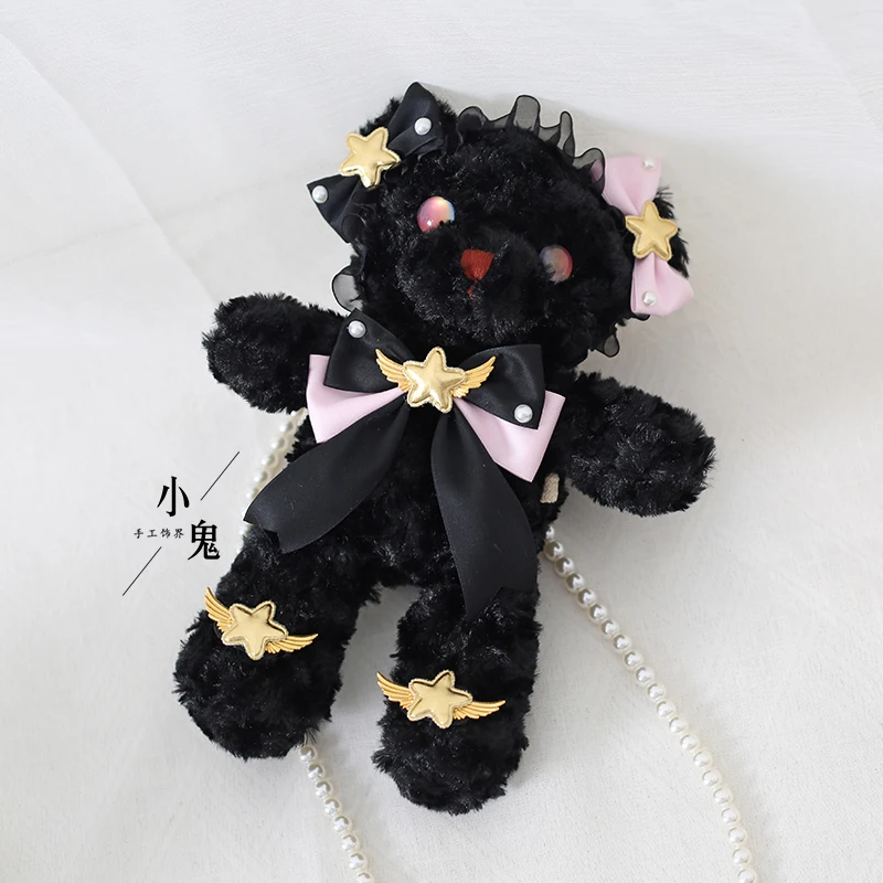 

Black Bear Bag Original Design Lolita Black Sweet Lolita Girl Love Heart One-Shoulder Versatile Cute Girl Chain Plush Bag