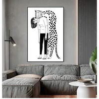 and prints wall pictures for living room decor leopard girl nordic poster wall art canvas painting black white posters