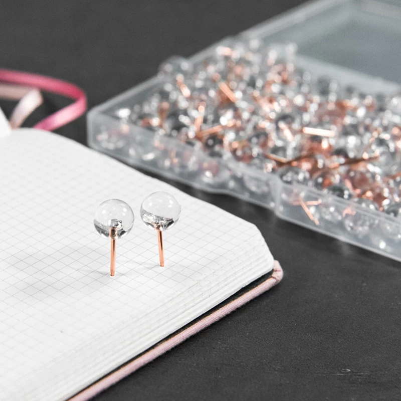 100Pcs Rose Gold Push Pins ThumbTacks Transparent Plastic Round Head Map Tacks for Hanging Pictures Posters Documents Wall Maps |
