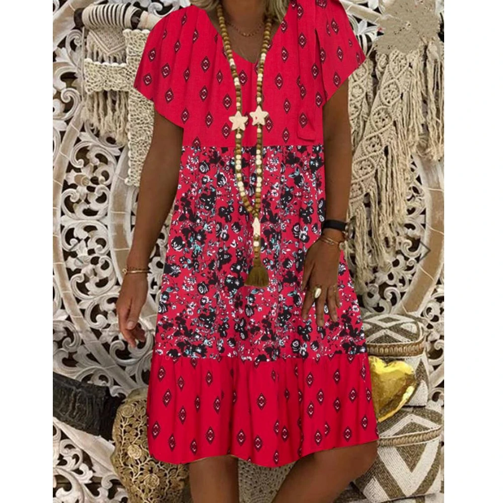 

Lugentolo Plus Size Summer Dress Women Fashion Print V-neck Short Sleeve Loose Casual Office Lady Polyester Womens Midi Dress