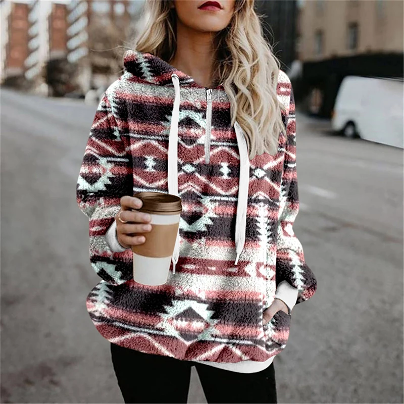 

Vintage Women Drawstring Zipper Pullover Hoodies Autumn Winter Casual Long Sleeve Top Loose Fashion Ethni Print Sweatshirt Mujer