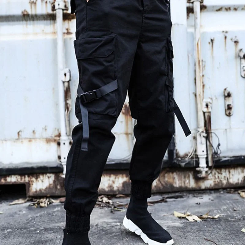 

2019 Hip Hop Joggers Men Black Harem Pants Multi-pocket Ribbons Man Sweatpants Streetwear teen Pants nine points overalls M-5XL