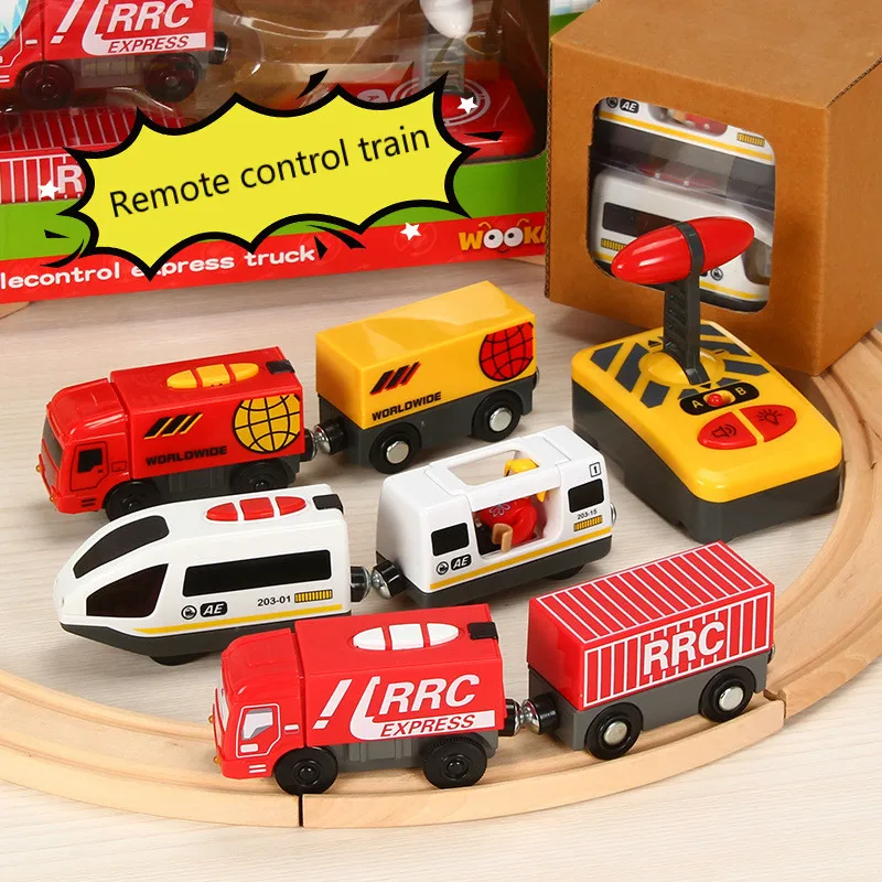 

Electric RC Train Set Remote Control Toys Connected with Wooden Railway Wood Car Tracks Birthday Christmas Gift for Children