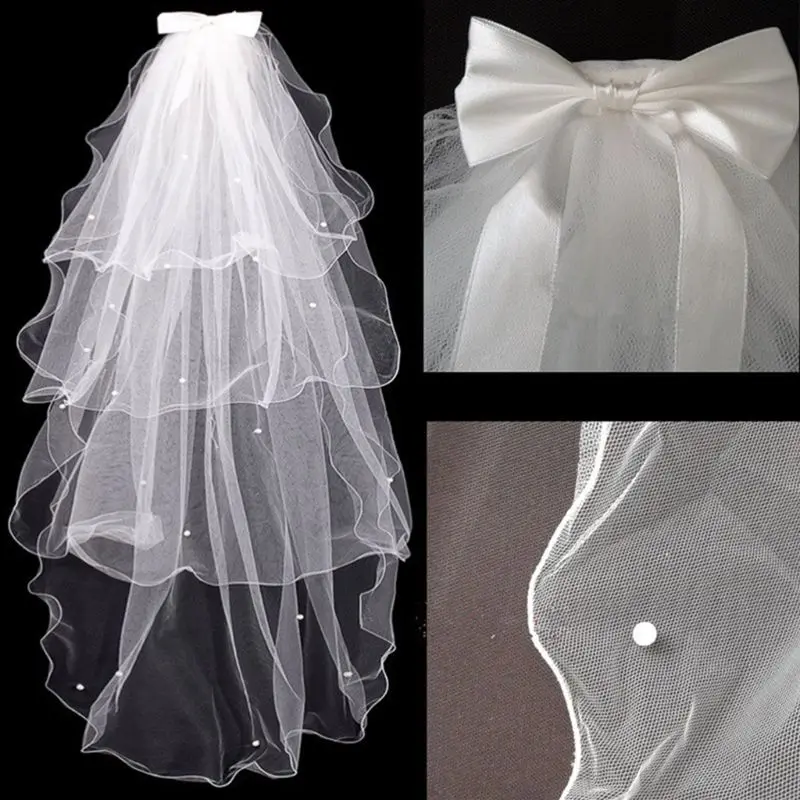 

Tulle Wedding Dress Veils White Bowknot Bridal Multi Layer Hair Veil Comb Faux Pearls Bride Fairy Marriage Accessories
