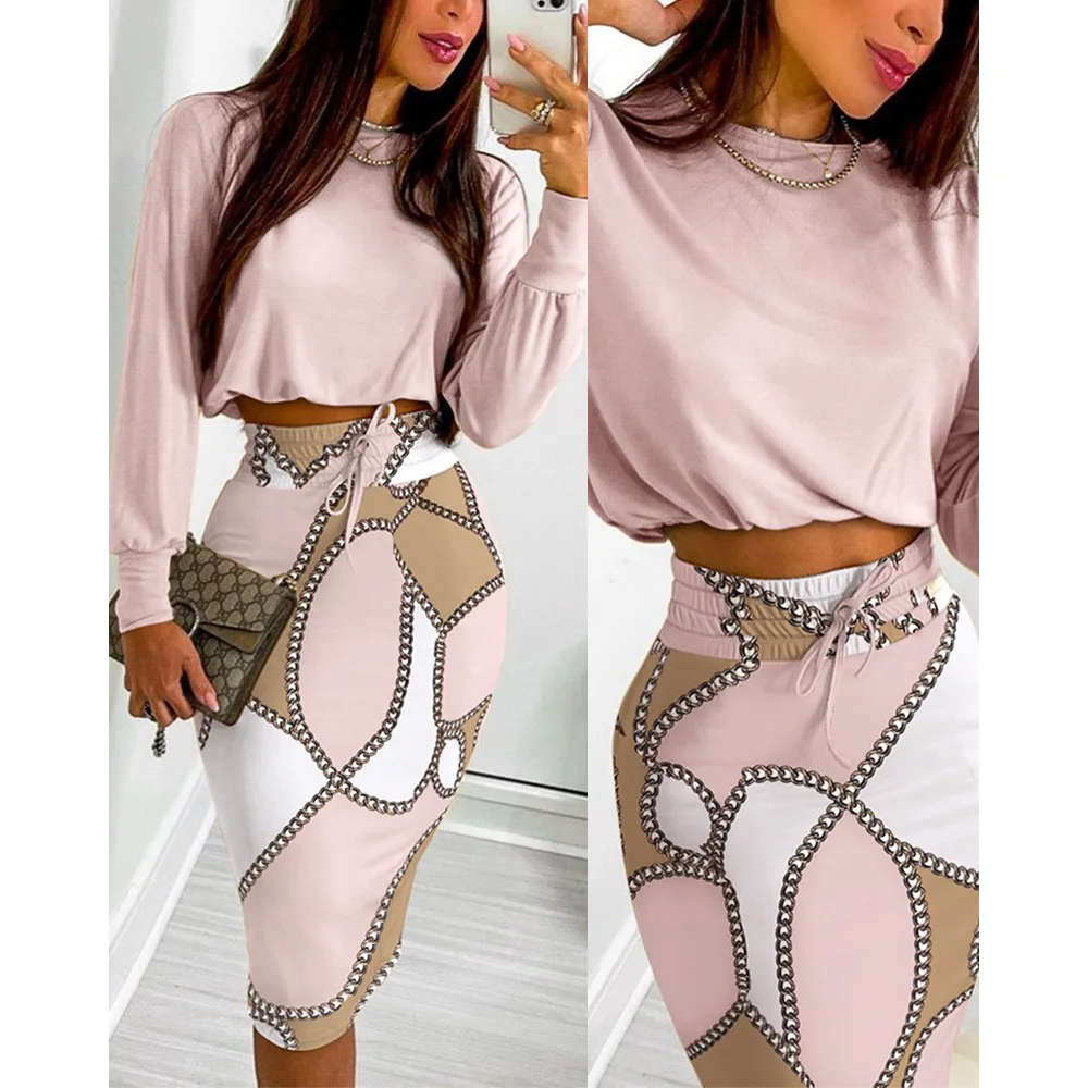 

2021 Autumn Two Piece Set Women Skirt Dress Suits Sexy Crop Long Sleeve Bodycon Dress Sets Women Print Cropped Feminino
