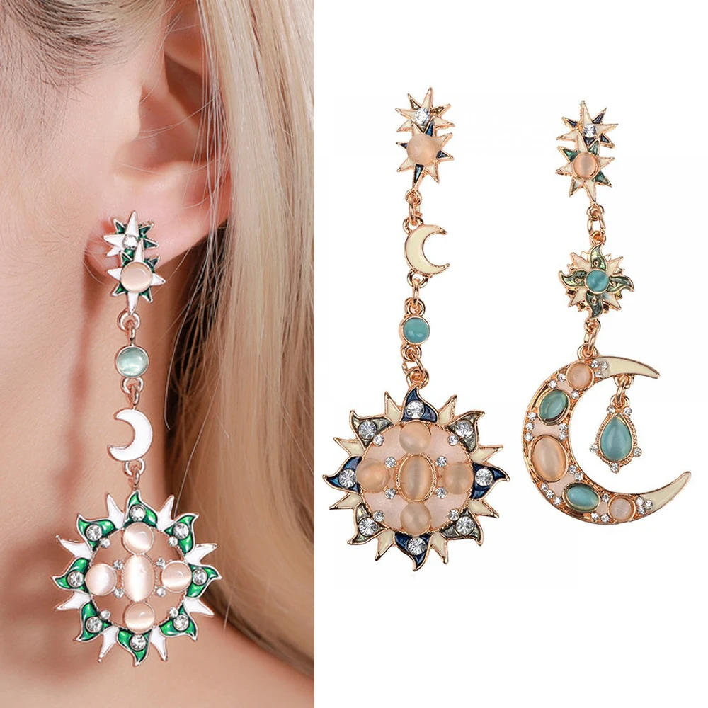 

New Fashion Gold Star Sun God & Moon Crystal Rhinestone Stud Dangle Earrings Cn
