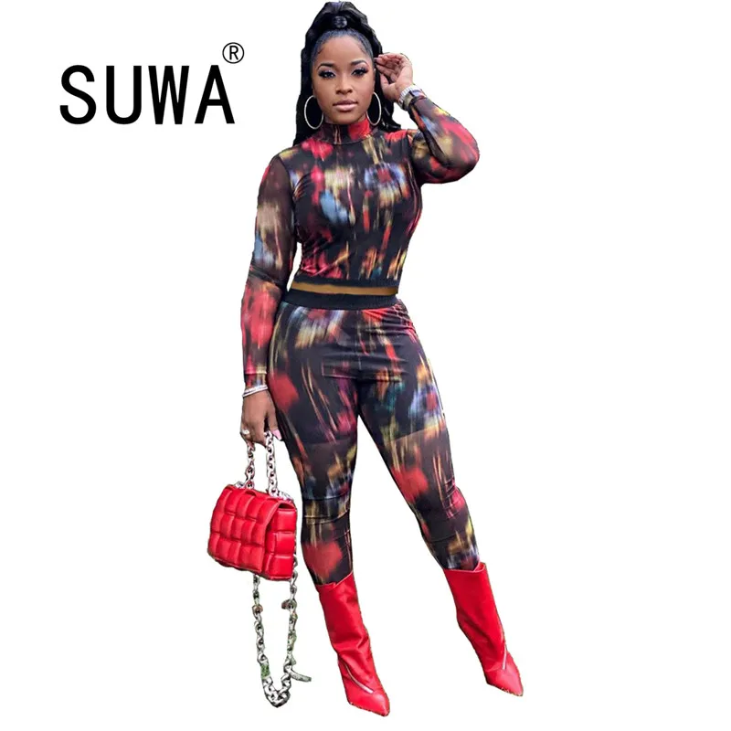 

Wholesale New Product Tie Dye Long Sleeve Pullover Sweatshirt Top Skinny Pencil Pants Trousers Casual 2 Piece Outfits Streetwear