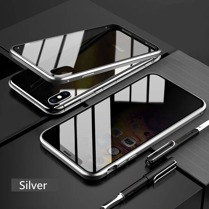 Silver Конфиденциальности магнитное закаленное стекло металлический чехол для iPhone X Xr Xs Max 8 7 Plus защищающий от подсматривания 360 градусов полный защитный чехол для телефона - Цвет: Silver