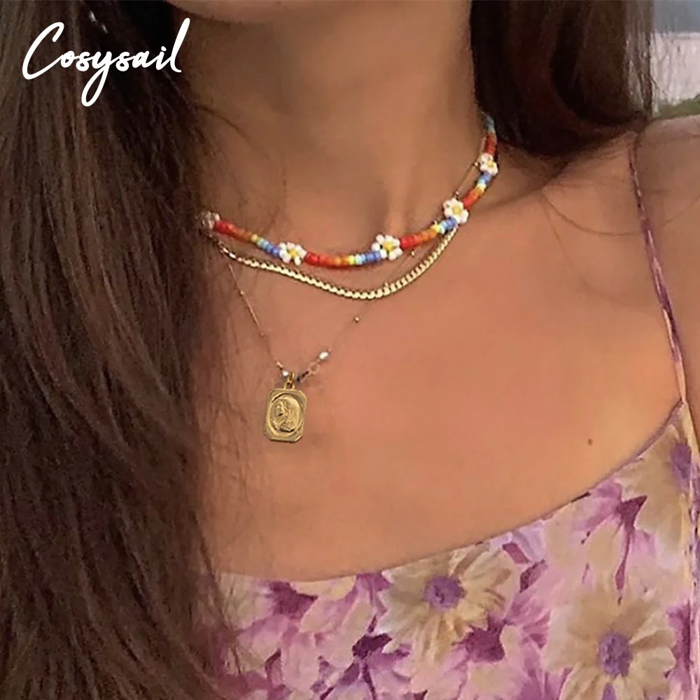 

Cosysail 2Pcs/Set Bohemian Daisy Flowers Beaded Choker Necklace Set for Female Retro Portrait Pendant Necklace Jewelry Gift