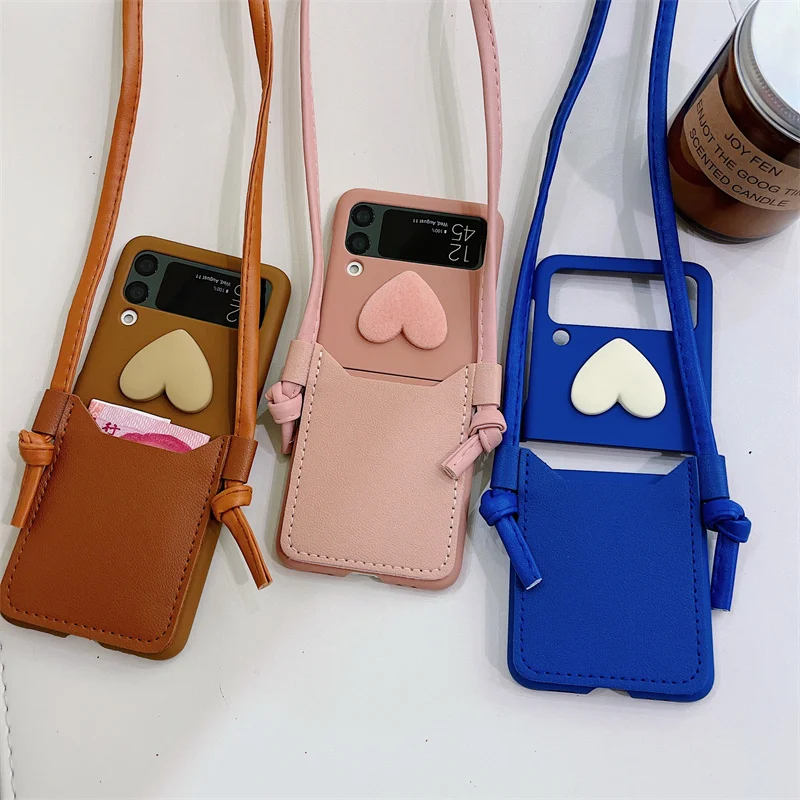 Cute Card Slot Crossbody Lanyard Strap Phone Case For Samsung Galaxy Z Flip 3 Protective Cases Solid Color Loving Hard Cover