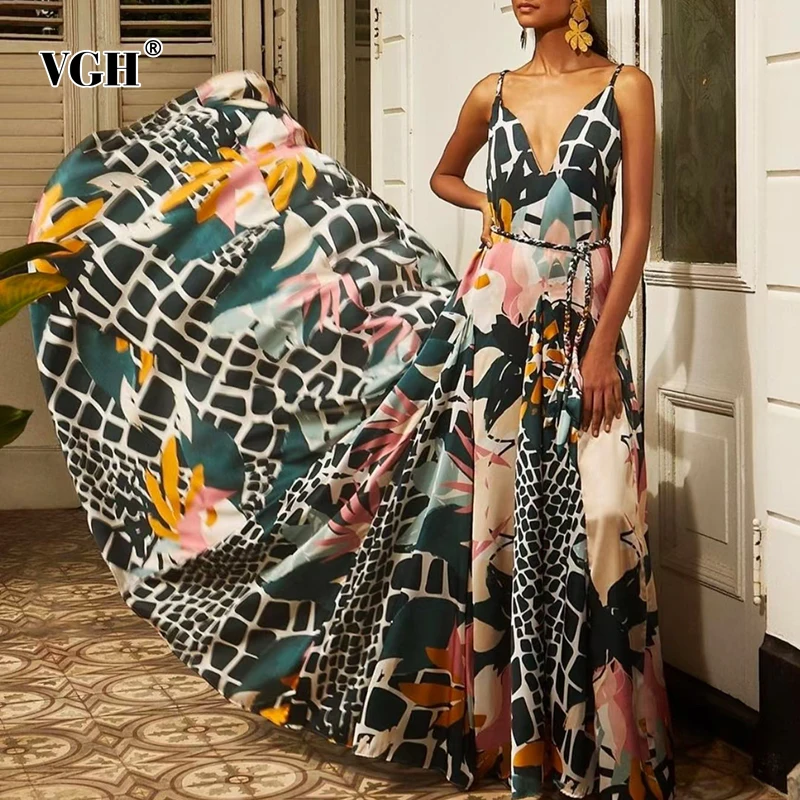 

VGH Print Sling Dress For Women V Neck Sleeveless High Waist sashes slim Hit Color Summer Casual Dresses Female 2021 Fashion new